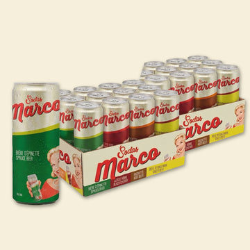 Pack Découverte Sodas Marco : 2 caisses mixtes, 24 canettes de 355 ml, 4 saveurs d'antan brassées au Québec