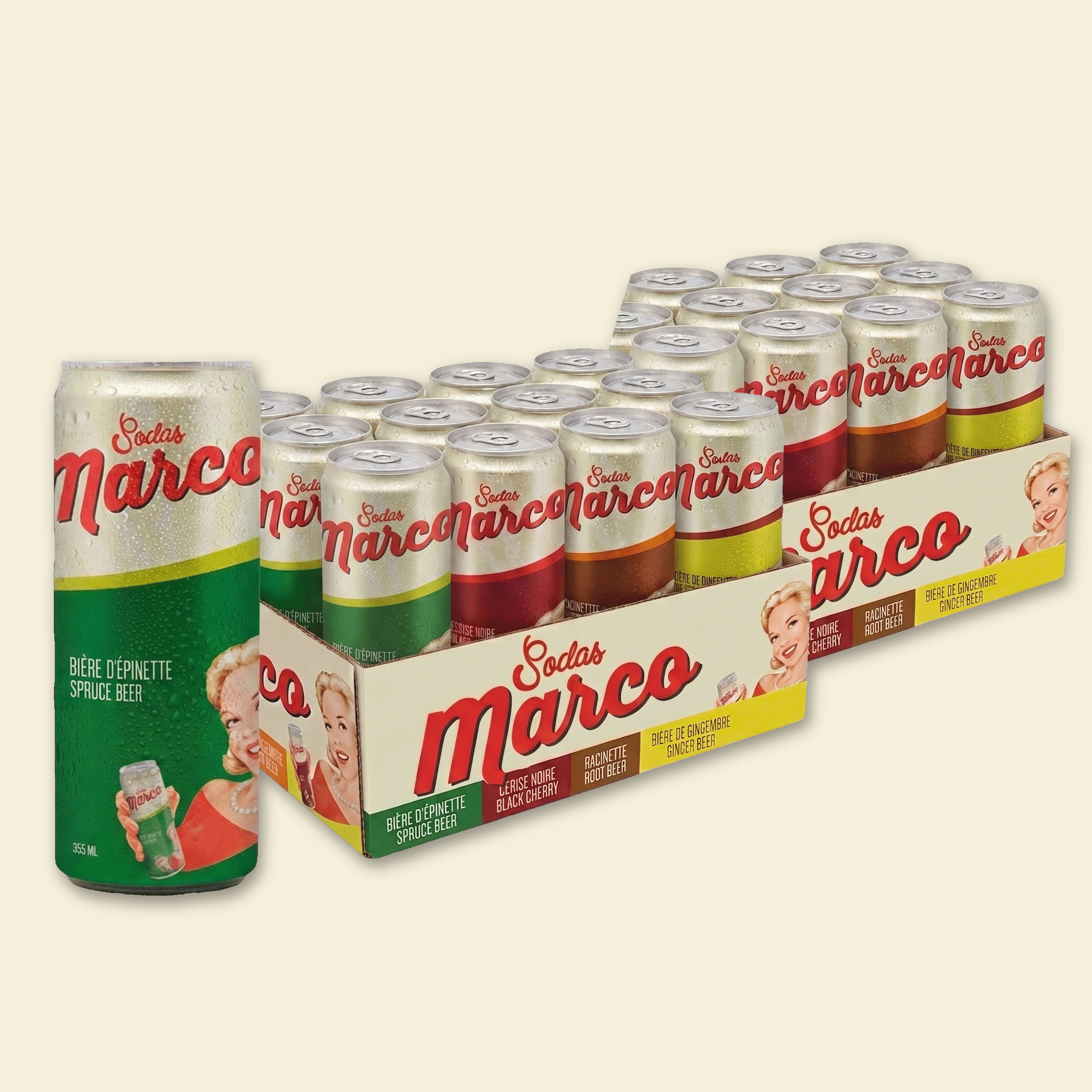Pack Découverte Sodas Marco : 2 caisses mixtes, 24 canettes de 355 ml, 4 saveurs d'antan brassées au Québec