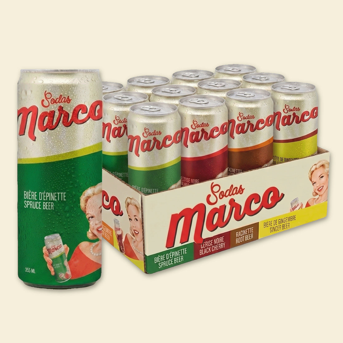 Caisse mixte Sodas Marco : 12 canettes de 355 ml, 4 saveurs, bière d'épinette, cerise noire, racinette et bière de gingembre