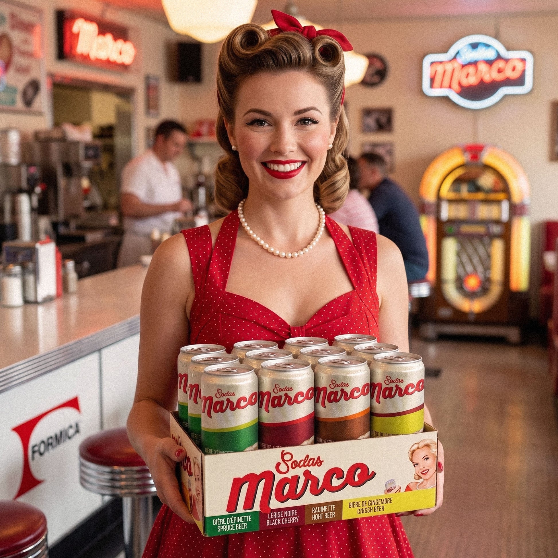 Caisse mixte Sodas Marco tenue dans un diner rétro des années 1950, 4 saveurs de sodas artisanaux sans alcool
